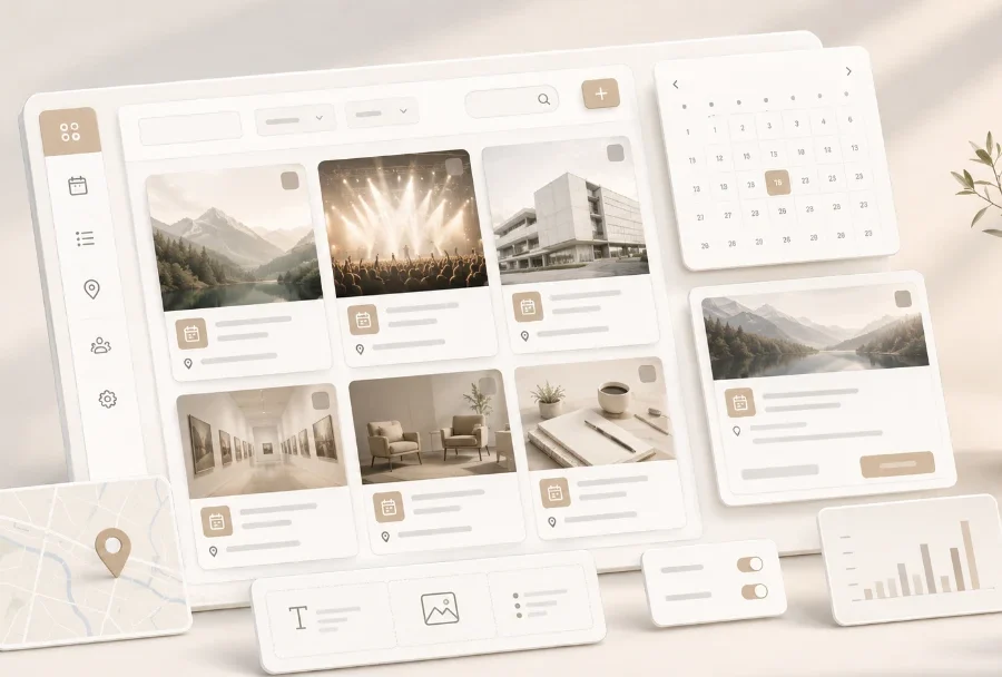 Representación abstracta de un plugin WordPress personalizado para gestionar eventos mediante tarjetas, calendario y panel de administración.