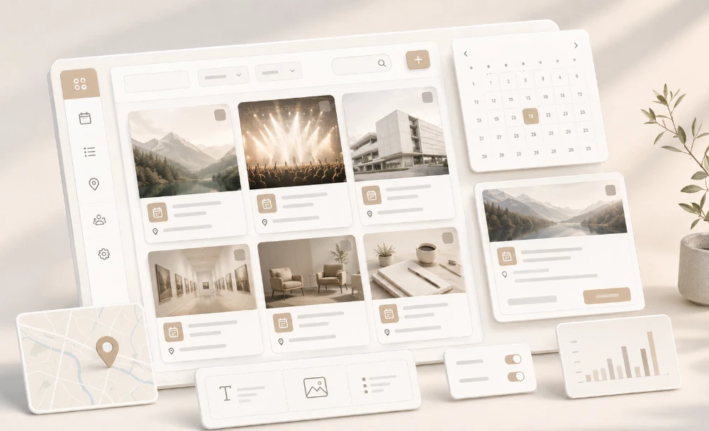 Representación abstracta de un plugin WordPress personalizado para gestionar eventos mediante tarjetas, calendario y panel de administración.