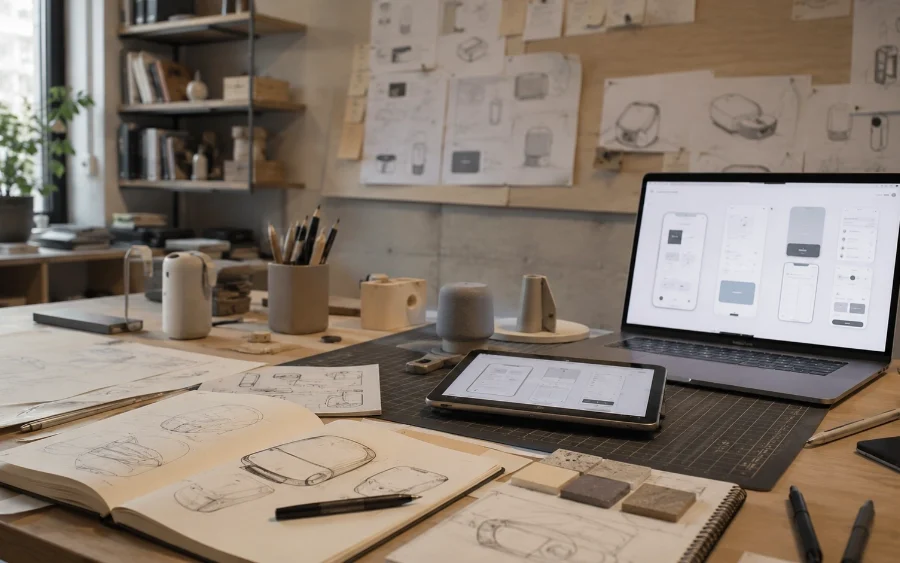Composición que conecta diseño industrial, bocetos de producto e interfaces digitales.