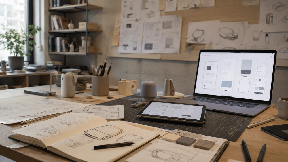 Composición que conecta diseño industrial, bocetos de producto e interfaces digitales.