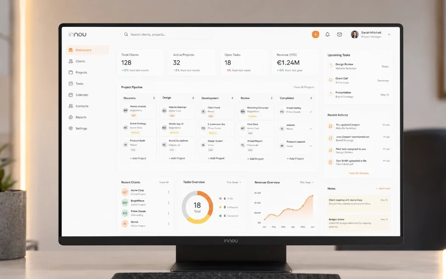 UX aplicado a un CRM interno con clientes, contactos, proyectos, tareas y panel de seguimiento.