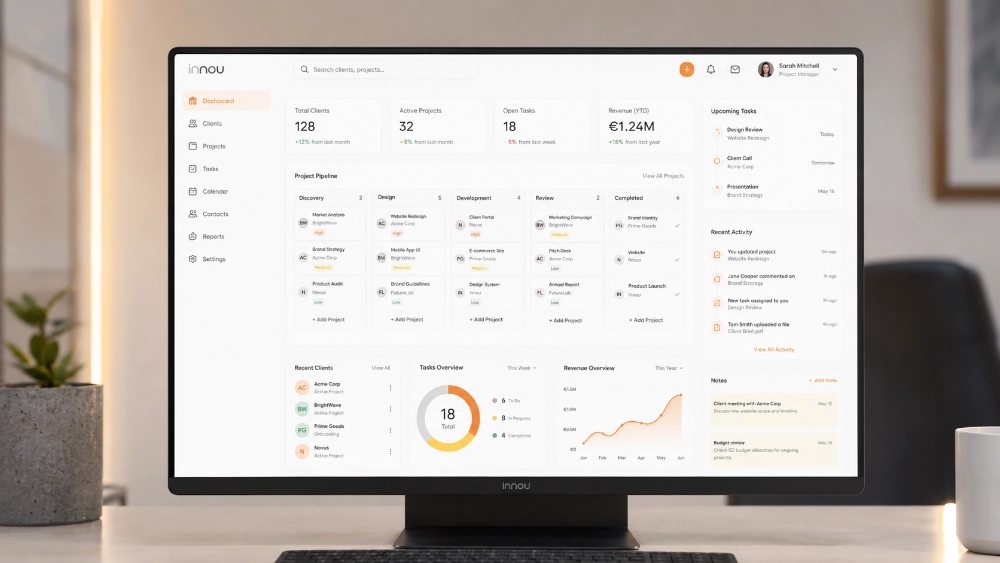 UX aplicado a un CRM interno con clientes, contactos, proyectos, tareas y panel de seguimiento.