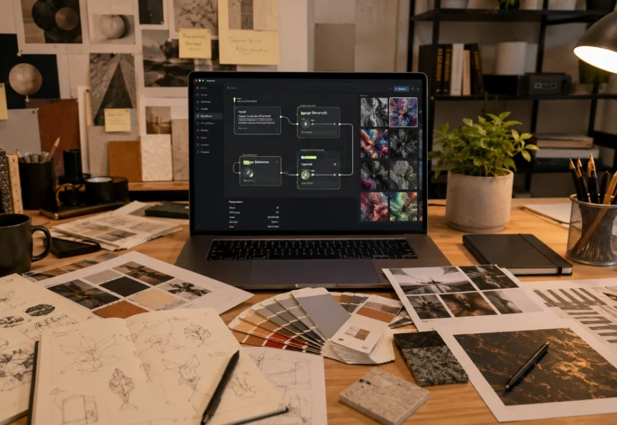 Mesa de trabajo creativa con bocetos, pruebas visuales y una interfaz de automatización digital en pantalla.