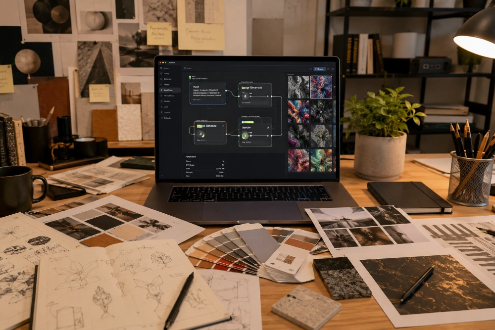 Mesa de trabajo creativa con bocetos, pruebas visuales y una interfaz de automatización digital en pantalla.