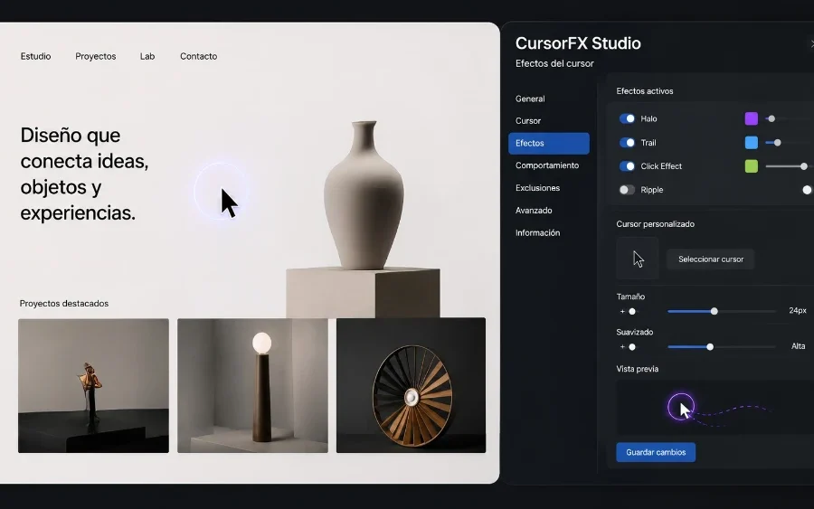Pantalla con una web minimalista, cursor personalizado y panel de ajustes de un plugin WordPress para efectos visuales.