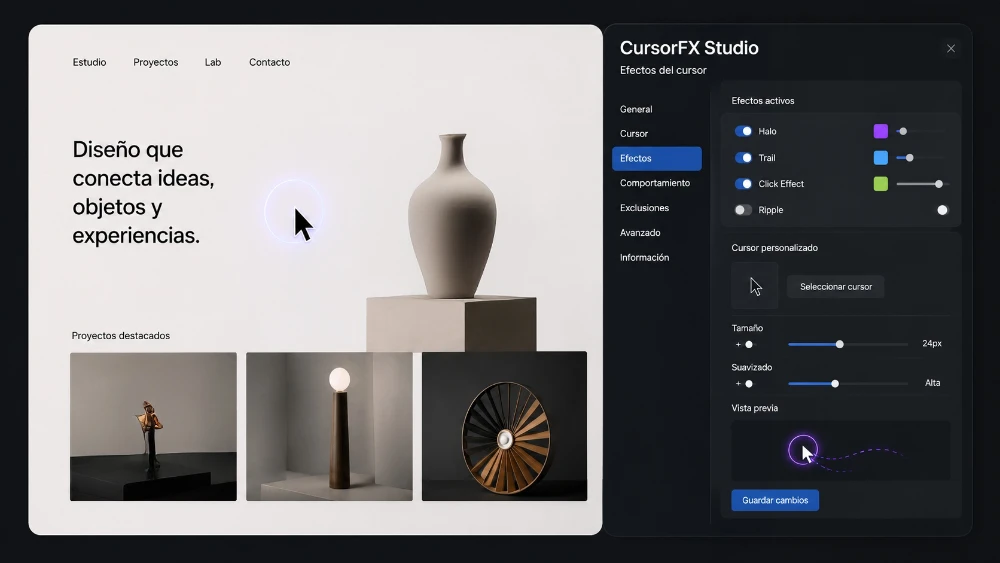 Pantalla con una web minimalista, cursor personalizado y panel de ajustes de un plugin WordPress para efectos visuales.