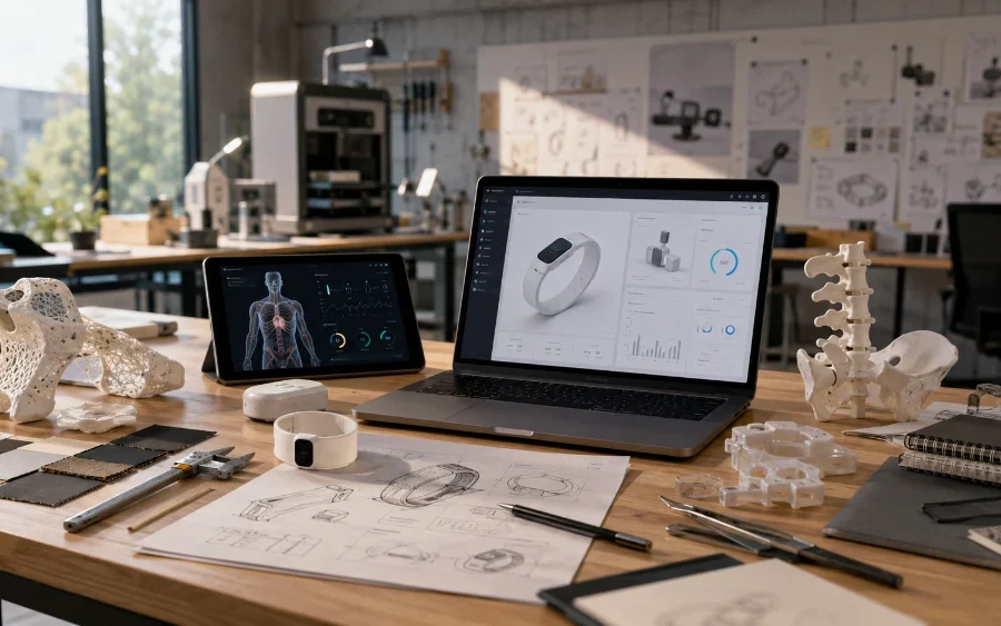 Mesa de estudio de diseño con prototipos físicos, bocetos, materiales y pantallas con interfaces digitales.