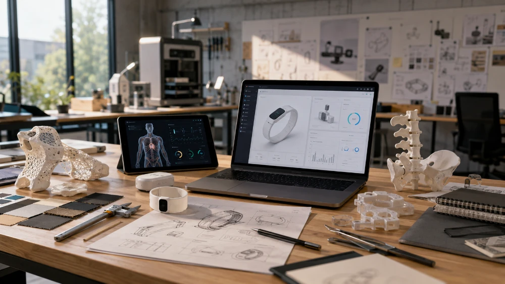 Mesa de estudio de diseño con prototipos físicos, bocetos, materiales y pantallas con interfaces digitales.